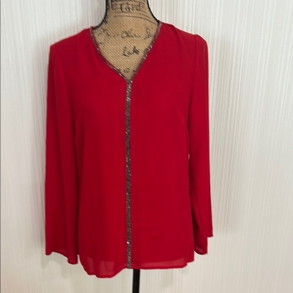 Liz Claiborne Vibrant Red Blouse with Sparkling Trim